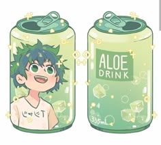 an anime character is in a can with the lid open and it's green