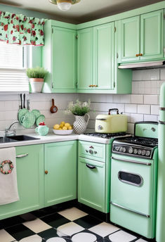 a kitchen with mint green cabinets and black and white checkered flooring is shown