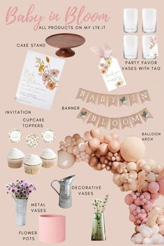 a pink and gold baby shower is featured in this image with the words, it's