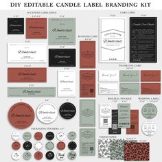 the diy editable candle label branding kit is shown in red, grey and black