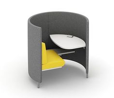 an office cubicle with a computer desk and yellow chair next to it on a white background