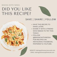 a flyer for an italian restaurant with pasta and basil leaves on the plate, which says did you like this recipe?