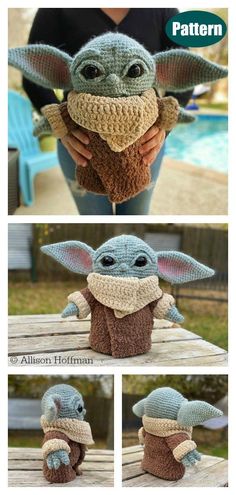 crocheted baby yoda doll is shown with instructions to make it look like the child