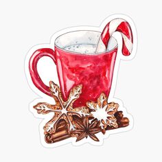 a red mug filled with hot chocolate and candy cane sticker on top of a white background