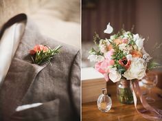 the groom's boutonnieres are adorned with pink and white flowers in glass vases