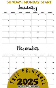 the free printable calendar for sunday and monday start from december to december, with dates in