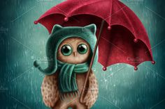 an owl holding an umbrella in the rain