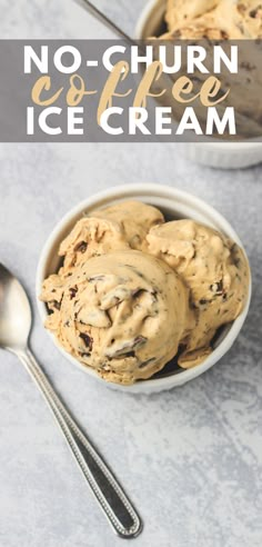 no - churn ice cream in two bowls with spoons on the side and text overlay