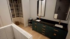 a bathroom with two sinks and mirrors on the wall, along with other items in the room