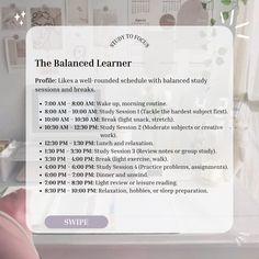 the balanced learner flyer is displayed in front of a desk with computer and other items