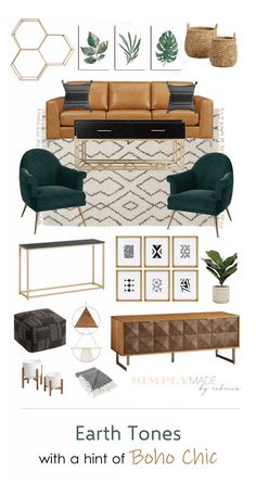 a living room with furniture and decor in shades of brown, green, white and gold