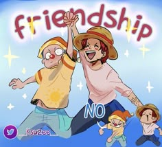 two people jumping up and down with the words friendship no written on them in front of them