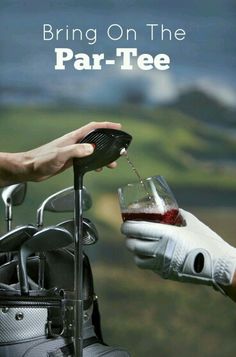 a person holding a golf club and pouring wine into a glass in front of a golf bag