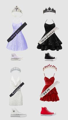 six different types of dresses and shoes with tiaras on them, all in different colors