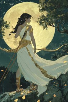 a painting of a woman holding a bow and arrow in front of a full moon