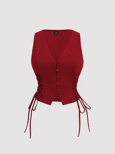 Plus Size Women's Black Tie-Side Buckle Closure Vest Top Red Casual   Knitted Fabric Plain Tank Medium Stretch  Women Plus Clothing, size features are:Bust: ,Length: ,Sleeve Length: Red Corset With Sleeves, Red And Black Corset Top, Red Corset Outfit Casual, Corset Outfit Casual, Red Corset Outfit, Red Corset Top, Corset Top Outfit, Corset Outfit, Red Corset