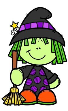 a cartoon witch sitting on the ground holding a broom