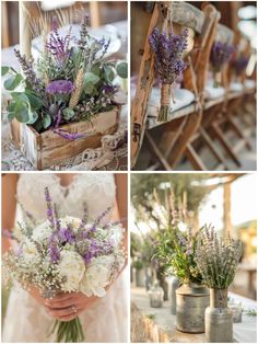 four different pictures of flowers in vases and on the table with other things around them