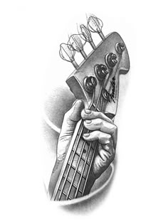 a drawing of a guitar being held by someone's hand with the strings still attached