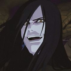 an anime character with long black hair and yellow eyes looks at the camera while staring straight ahead