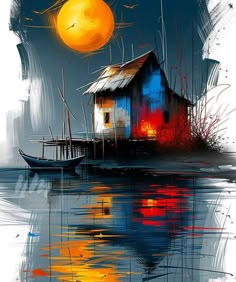 an artistic painting of a house on the water with a boat in front of it