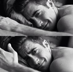 two pictures of a man laying in bed with his hand on his face and the other showing