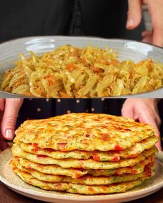 there are many different types of food on this plate and in the middle one is a stack of pancakes