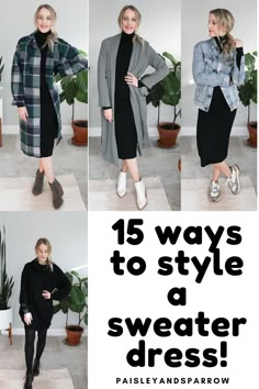 Wondering how to wear a sweater dress? Here are 15 outfit ideas for you! How to style sweater dresses - casual to date night. How To Style A Long Dress In Winter, What To Wear Over A Sweater Dress, Sweater On Dress Outfit, Sweater Over Black Dress, Sweater Over Black Dress Outfit, Dress And Sweater Outfit Spring, Sweaters Dress, How To Wear A Sweater With A Dress, Wear Sweater Over Dress