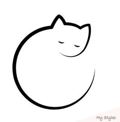 a black and white drawing of a cat sleeping on top of a round object with its eyes closed