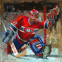 an oil painting of a hockey goalie in red jersey and blue gloves on the ice