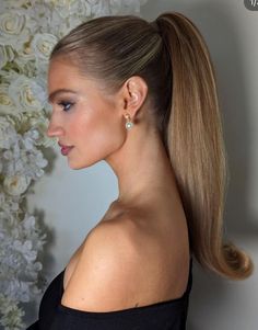 Wedding Guest Hair High Ponytail, Slick Ponytail Wedding Hair, Ponytail Wedding Guest Hairstyles, Slick Ponytail Updo, Bridal Ponytail With Bow, Blowout Hair Ponytail, Slick Bridesmaid Hair, Event Ponytail Hairstyles, Bridal Hair High Ponytail