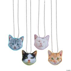 four different colored cats are hanging from silver chains on a white background, with one cat's face in the center