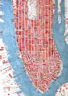 a map of new york city drawn in red and blue watercolor on white paper