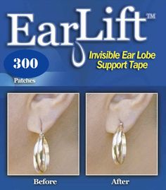 EarLifts for your earlobes Are your earlobes sagging, torn or damaged? Do your earrings wobble, tilt or not sit properly? Then you need Ear Lifts, the remarkable earring support solution for pierced ears. EarLifts are invisible and works virtually all types of pierced earrings… studs, hoops, dangles and hooks. Fix your stretched and droopy ear lobe problem instantly. Just peel and press and wear all of your favorite earrings in comfort and confidence. So now you can wear all of your favorite fas Stretched Ear Lobes, Earring Hole, Heavy Earrings, Types Of Earrings, As Seen On Tv, Amazon Beauty Products, Earrings Studs, Animal Pillows, White Elephant Gifts