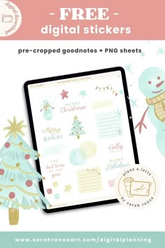 a tablet with christmas stickers on it and the text, free digital stickers pre - cropped godmotes + png sheets