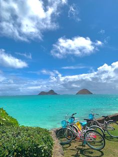 two bicycles parked next to each other near the ocean