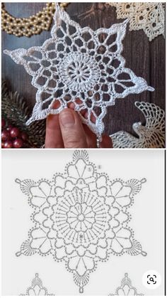 two pictures showing how to crochet snowflakes