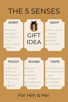 the 5 senses gift idea for him and her with text overlaying it that reads,