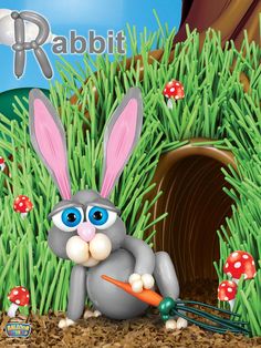 the rabbit is eating carrots in front of an underground hole with mushrooms and grass