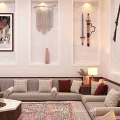 a living room filled with lots of furniture next to a wall mounted art piece on the wall