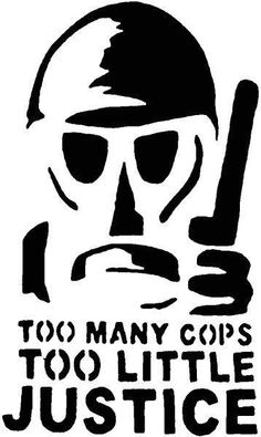 the logo for too many cops, too little justice is shown in black and white