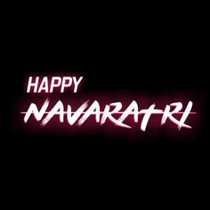 the words happy navrathri are lit up in pink and white on a black background