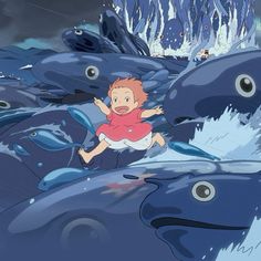 a boy riding on the back of a whale in front of other dolphins and sharks