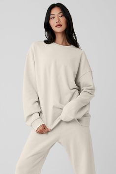 Chill Crew Neck Pullover - Bone | Alo Yoga Athleisure Solid Color Sweatshirt For Everyday, Solid Color Athleisure Sweatshirt For Everyday, Solid Athleisure Sweatshirt For Everyday, Comfortable Crew Sweatshirt With Ribbed Cuffs, Comfy Crew Sweatshirt With Ribbed Cuffs, Everyday Crew Sweatshirt In Athleisure Style, Cozy Fit French Terry Crew Sweats, Comfy Sweats With Ribbed Cuffs, Solid Color Comfy Crew Neck Sweats