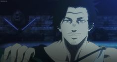 an anime character with black hair and blue eyes holding a knife in his right hand