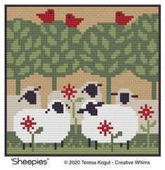 two white sheep standing next to each other in front of a tree with birds on it