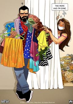 the man is trying to decide which clothes he wants for his girlfriend in this cartoon