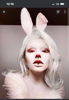 Rabbit Makeup Aesthetic, Alice In Wonderland Bunny Makeup, Evil Bunny Makeup, White Bunny Makeup, Rabbit Makeup Halloween, Alice In Wonderland Bunny Costume, Rabbit Inspired Makeup, Bunny Makeup Aesthetic, Bunny Makeup Halloween