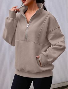 Beige Half Zip Sweatshirt Half Zip Sweatshirt Outfit, Fall Sweatshirt Outfit, Mock Turtleneck Sweater, Half Zip Sweatshirt, Quick Outfits, Quarter Zip Sweatshirt, Oversized Pullover, Fashion Hoodies, Diy Bow