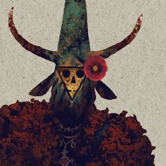 a skull wearing a hat with horns and flowers on it's head is surrounded by dirt